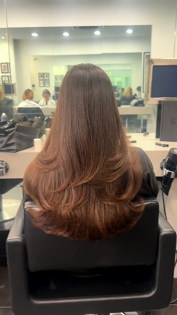 Long brunette hair cut in soft layers